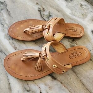 Coach Sheena Tan Leather T-Strap Tassel Thong Sandals Womens 6.5 Preppy